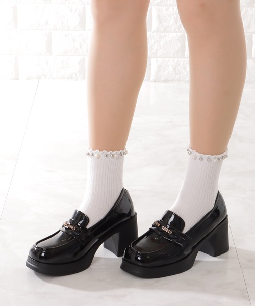 セール】エナメル調 チェーン付き ハイヒール 厚底 ローファー