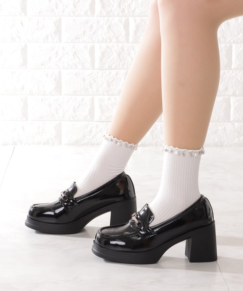 セール】エナメル調 チェーン付き ハイヒール 厚底 ローファー