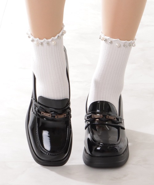 セール】エナメル調 チェーン付き ハイヒール 厚底 ローファー