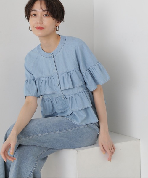 N.（N. Natural Beauty Basic）（エヌエヌナチュラルビューティーベーシック）の「◆フロントボタンラッフルブラウス（シャツ/ブラウス・レディース・ライトブルー/オフホワイト/ブラック系その他・MEDIUM）」の7枚目の写真