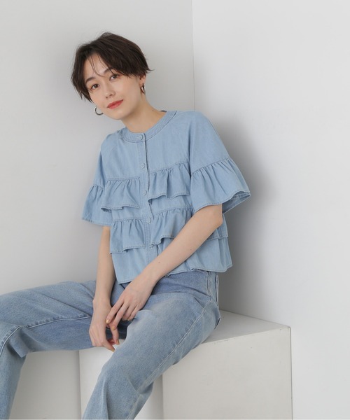 N.（N. Natural Beauty Basic）（エヌエヌナチュラルビューティーベーシック）の「◆フロントボタンラッフルブラウス（シャツ/ブラウス・レディース・ライトブルー/オフホワイト/ブラック系その他・MEDIUM）」の8枚目の写真