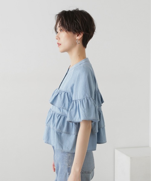 N.（N. Natural Beauty Basic）（エヌエヌナチュラルビューティーベーシック）の「◆フロントボタンラッフルブラウス（シャツ/ブラウス・レディース・ライトブルー/オフホワイト/ブラック系その他・MEDIUM）」の14枚目の写真