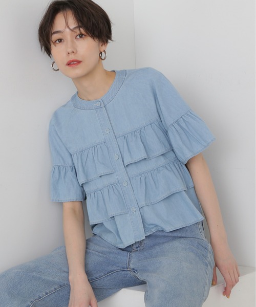 N.（N. Natural Beauty Basic）（エヌエヌナチュラルビューティーベーシック）の「◆フロントボタンラッフルブラウス（シャツ/ブラウス・レディース・ライトブルー/オフホワイト/ブラック系その他・MEDIUM）」の5枚目の写真