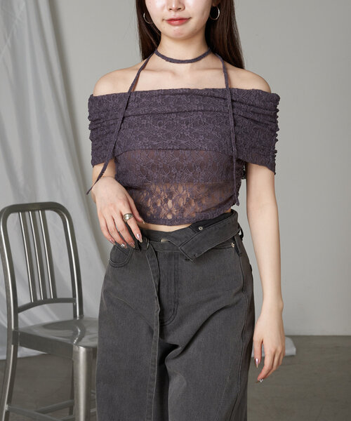 n.katelier レース　オフショル　トップス me+em select tシャツ 「 2color 」オフショルショートレーストップス