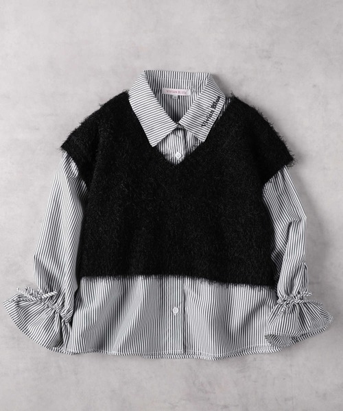 Right-on(ライトオン)の「【VIVIAN BLUE】ニットベストシャツレイヤード(シャツ/ブラウス・キッズ・グレー×サックスブルー/ブラック×ホワイト・130/140/150/160)」の2枚目の写真