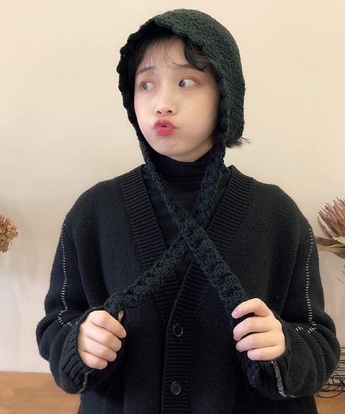 Revo.（レボ）の「ワイドリボン クロシェニット バブーシュカ（ニットキャップ/ビーニー・レディース・グレー/アイボリー/ブラック・FREE）」の4枚目の写真