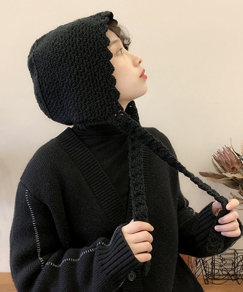 Revo.（レボ）の「ワイドリボン クロシェニット バブーシュカ（ニットキャップ/ビーニー・レディース・グレー/アイボリー/ブラック・FREE）」の5枚目の写真