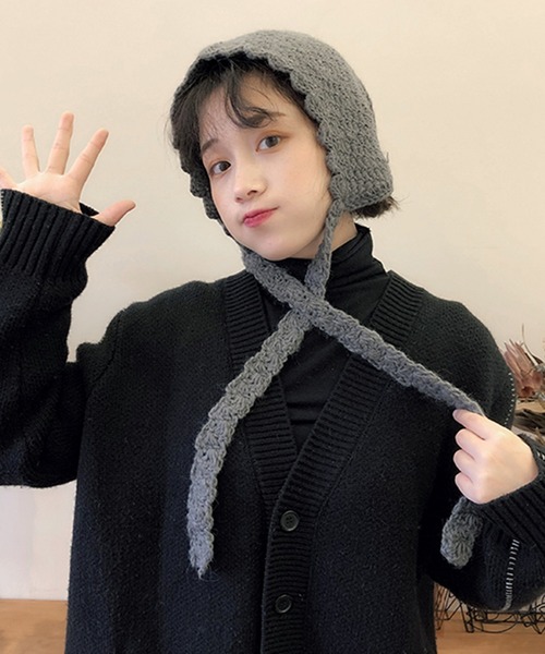 Revo.（レボ）の「ワイドリボン クロシェニット バブーシュカ（ニットキャップ/ビーニー・レディース・グレー/アイボリー/ブラック・FREE）」の6枚目の写真