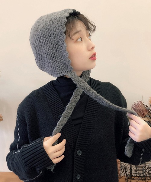 Revo.（レボ）の「ワイドリボン クロシェニット バブーシュカ（ニットキャップ/ビーニー・レディース・グレー/アイボリー/ブラック・FREE）」の8枚目の写真