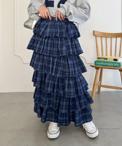 SIIILON チェック ティアード フリル ロング スカート モード ブラック WEGO スカート WEGO/チェックティアードフリルロングスカート