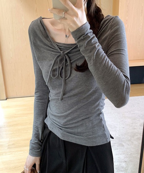 Lace Ladies(レースレディース)の「2WAY ドレープ ネックリボン ロング Tシャツ(Tシャツ/カットソー・レディース・グレー/ブラック/グレイッシュベージュ/アイボリー・XL/M)」の8枚目の写真