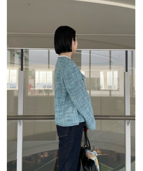 【極美品✨️】 ミラオーウェン ツイードジャケットノーカラー 金ボタン L セール】フラップデザイン金釦ツイードジャケット（ノーカラー