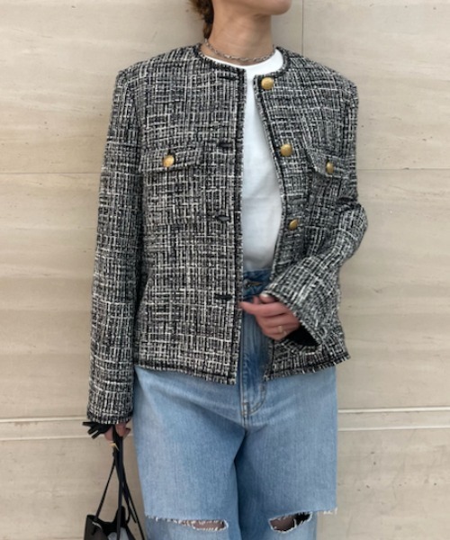 セール】フラップデザイン金釦ツイードジャケット（ノーカラー