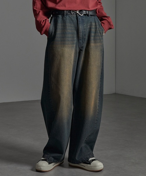 CIYOT(シヨウト)の「【CIYOT-シヨウト-】ヴィンテージ加工カーブワイドデニムパンツ(デニムパンツ・メンズ・インディゴブルー/ブラック系/ブラック・S/M/L)」の6枚目の写真