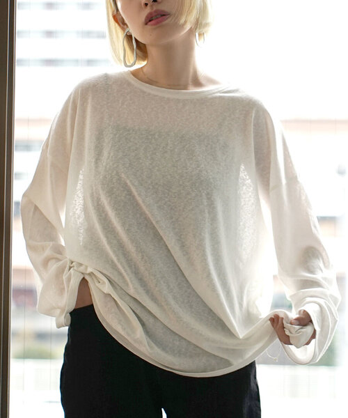 e-zakkamania stores(イーザッカマニアストアーズ)の「ゆるっとシアーニットソー(Tシャツ/カットソー・レディース・オフホワイト/ブラック/オレンジ・M)」の2枚目の写真