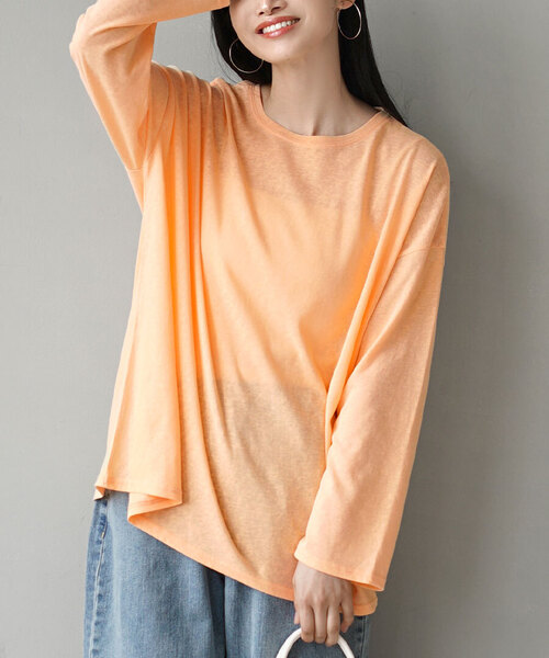 e-zakkamania stores(イーザッカマニアストアーズ)の「ゆるっとシアーニットソー(Tシャツ/カットソー・レディース・オフホワイト/ブラック/オレンジ・M)」の1枚目の写真