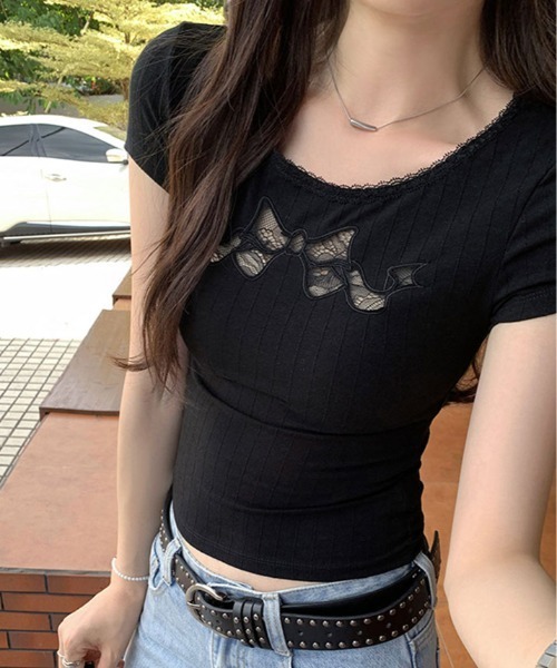 kirakiraShop(キラキラショップ)の「フロント レース リボン デザイン トップス(Tシャツ/カットソー・レディース・ホワイト/ブラック・FREE)」の14枚目の写真
