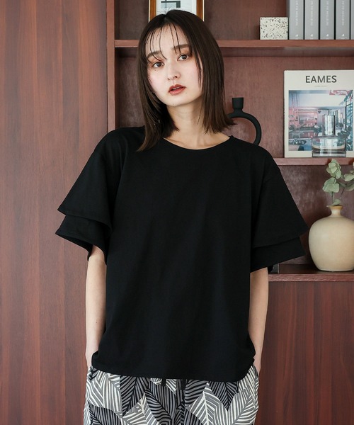 VitaFelice（ヴィータフェリーチェ）の「袖フリルトップス Tシャツ カットソー フリルTシャツ（Tシャツ/カットソー・レディース・ベージュ系その他/コーラルピンク/アイボリー/ブラック・FREE）」の6枚目の写真