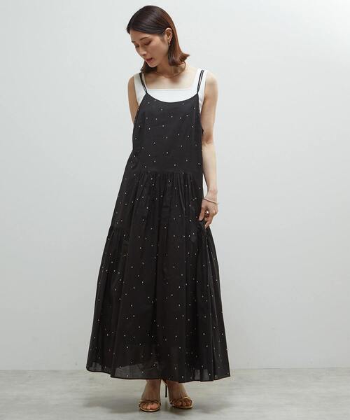 フランス製♡インポート黒ワンピ セール】インド綿ドット刺繍キャミティアードワンピース