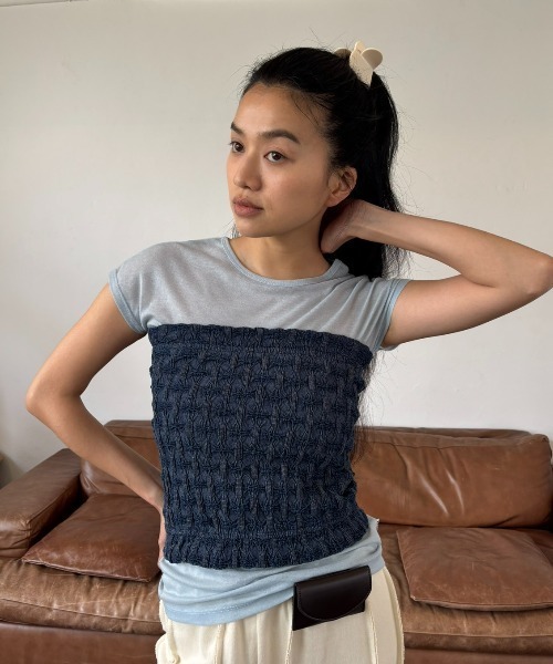 FUULLY STUDIO（フーリィーステューディオ）の「デニムシャーリングビスチェ（チューブトップ・レディース・ネイビー・FREE）」の2枚目の写真