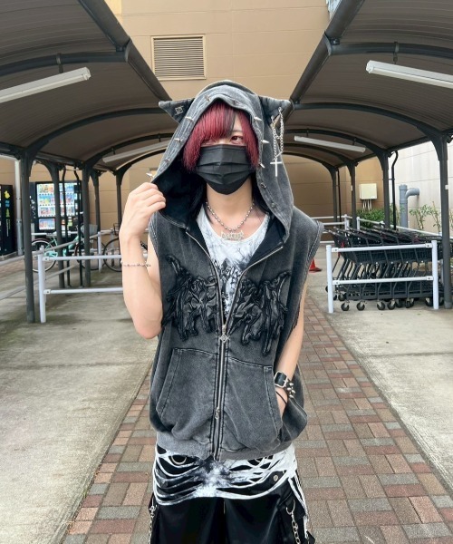【acha】レフレム 猫耳 ZIPパーカー REFLEM パーカー 「REFLEM/レフレム」猫耳パンクノースリーブZIP