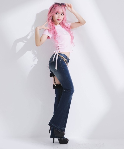 セクシーガーター風ギャルストレッチフレアデニムパンツ（デニム