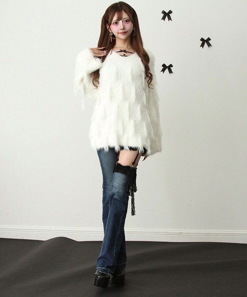 セール】セクシーガーター風ギャルストレッチフレアデニムパンツ