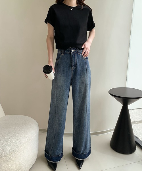LOWO(ロワ)の「綿混フレアシルエットワイドデニムパンツ(デニムパンツ・レディース・ホワイト/ブルー・S/L/M)」の7枚目の写真
