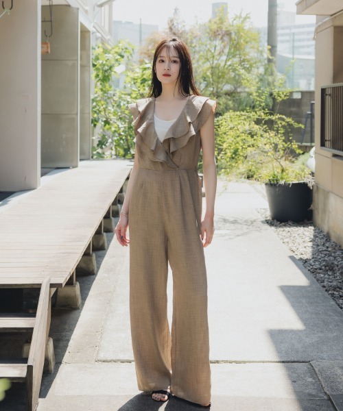 セール】高身長 ソフト麻調フリルデザインサロペット（トールサイズ