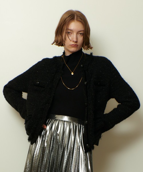 セール】スパンコールジャガードニットジャケット（ノーカラー