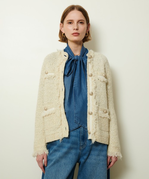 スパンコールボアニット×ボッブル編ニットジャケット スパンコールボアニット×ボッブル編ニットジャケット