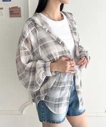 フード付きオーバーシアーチェックシャツ