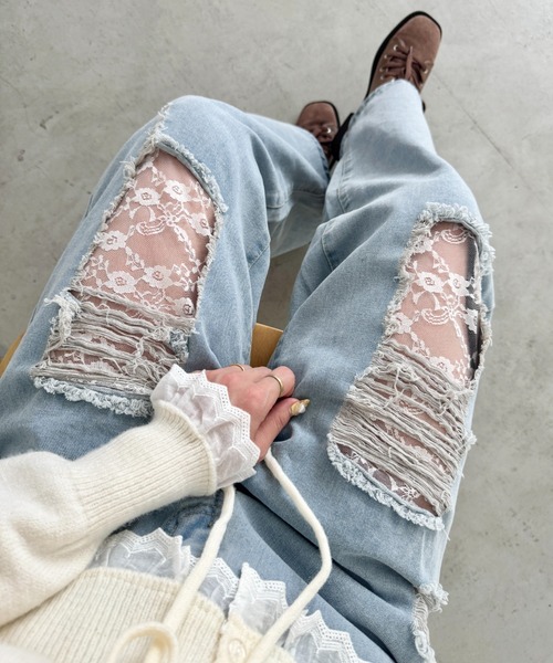 SOLLON.（ソルロン）の「レースダメージデニムパンツ（デニムパンツ・レディース・ライトブルー・S/M）」の9枚目の写真