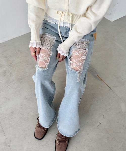 SOLLON.（ソルロン）の「レースダメージデニムパンツ（デニムパンツ・レディース・ライトブルー・S/M）」の4枚目の写真