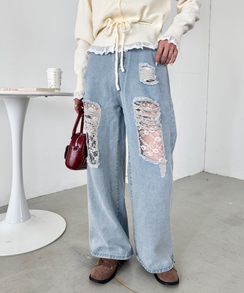 SOLLON.（ソルロン）の「レースダメージデニムパンツ（デニムパンツ・レディース・ライトブルー・S/M）」の6枚目の写真