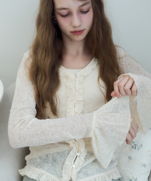 シアーワッフルフリルカーディガン/sheer waffle frill cardigan