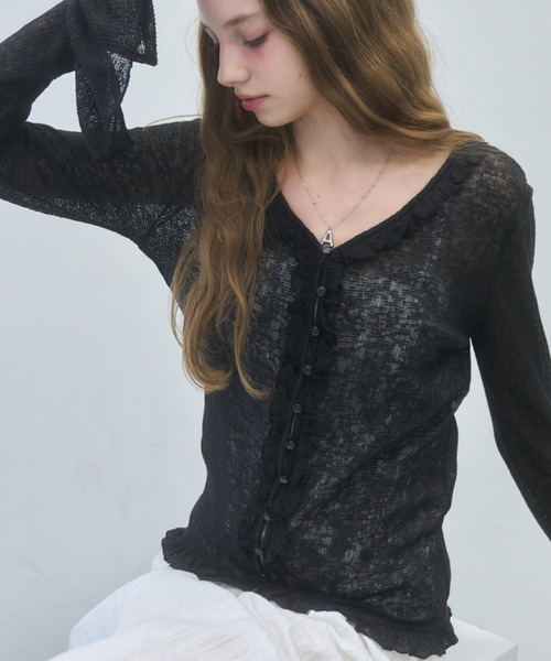 シアーワッフルフリルカーディガン/sheer waffle frill cardigan
