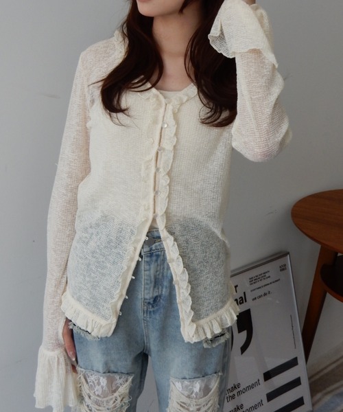 シアーワッフルフリルカーディガン/sheer waffle frill cardigan