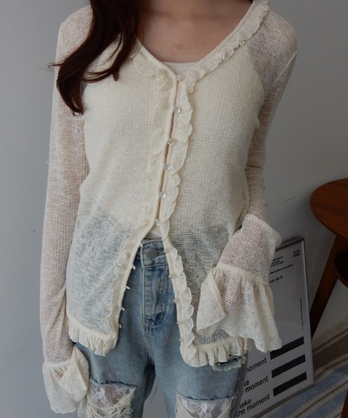 ふさえ　美品‼︎ 45rフリルアイボリーシェトランドウールカーデガン シアーワッフルフリルカーディガン/sheer waffle frill cardigan