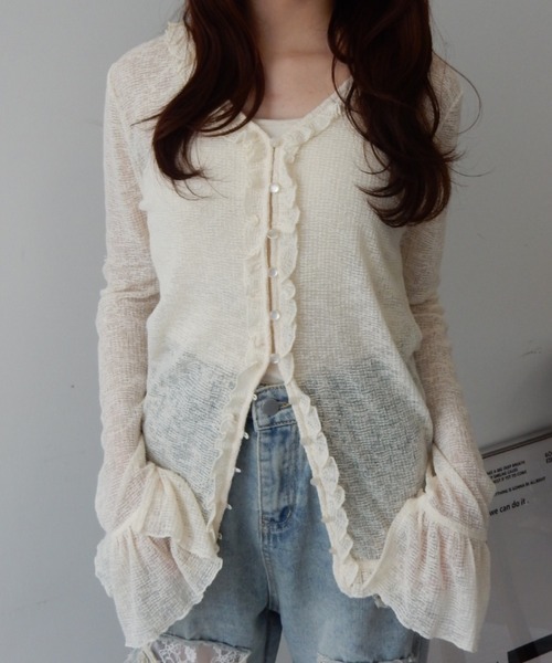 シアーワッフルフリルカーディガン/sheer waffle frill cardigan