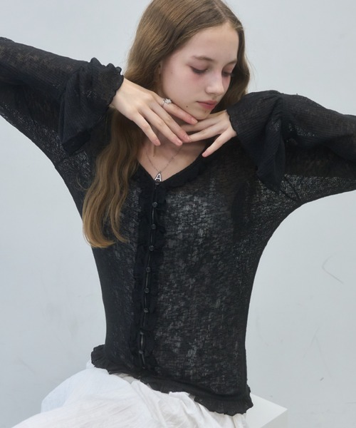 Birthday room（バースデイルーム）の「シアーワッフルフリルカーディガン/sheer waffle frill cardigan（カーディガン/ボレロ・レディース・オフホワイト/グレー/ブラック・FREE）」の16枚目の写真