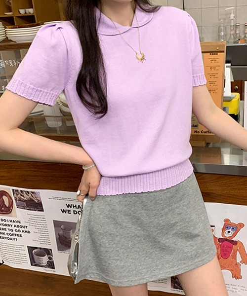 Girly Doll(ガーリードール)の「襟付き半袖ニット(ニット/セーター・レディース・ブラック/ネイビー/パープル/グレー/ホワイト・FREE)」の1枚目の写真