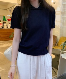 本日売り切り！【新品】Drawer 水色 丸襟半袖ニットセ-タ- 本日売り切り！【新品】Drawer 水色 丸襟半袖ニットセ-タ