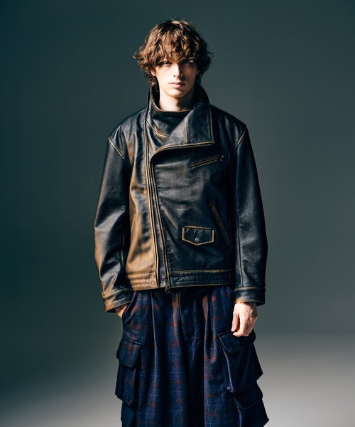 glamb レザーパイピング/メルトンライダースジャケット High Neck Leather Jacket / ハイネックレザージャケット