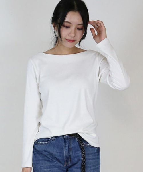 RCD(アールシーディー)の「無地ロングボートネックTシャツ(Tシャツ/カットソー・レディース・ホワイト/ブラック/ネイビー/チャコールグレー/杢グレー/カーキ/グレイッシュベージュ/ブルーグレー/ピンク系その他・LL/3L/4L/M/L)」の2枚目の写真