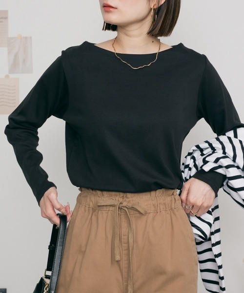 RCD(アールシーディー)の「無地ロングボートネックTシャツ(Tシャツ/カットソー・レディース・ホワイト/ブラック/ネイビー/チャコールグレー/杢グレー/カーキ/グレイッシュベージュ/ブルーグレー/ピンク系その他・LL/3L/4L/M/L)」の12枚目の写真