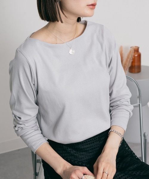 RCD(アールシーディー)の「無地ロングボートネックTシャツ(Tシャツ/カットソー・レディース・ホワイト/ブラック/ネイビー/チャコールグレー/杢グレー/カーキ/グレイッシュベージュ/ブルーグレー/ピンク系その他・LL/3L/4L/M/L)」の18枚目の写真