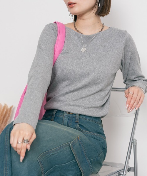 RCD(アールシーディー)の「無地ロングボートネックTシャツ(Tシャツ/カットソー・レディース・ホワイト/ブラック/ネイビー/チャコールグレー/杢グレー/カーキ/グレイッシュベージュ/ブルーグレー/ピンク系その他・LL/3L/4L/M/L)」の21枚目の写真