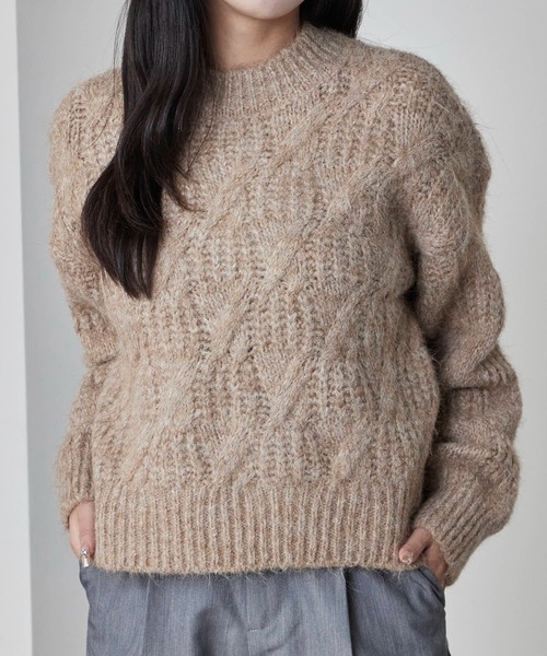 Theater code（シアターコード）の「Cable wool knit design sweater/ケーブル編みウールデザインニット（ニット/セーター・レディース・ブラック/ホワイト/グレー/ベージュ・FREE）」の5枚目の写真