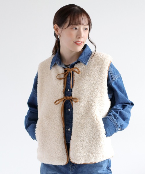 ♡胸元スパンコールリボン結びボアベスト セール】ボアパイピングリボンベスト（ブルゾン）｜cepo（セポ）の